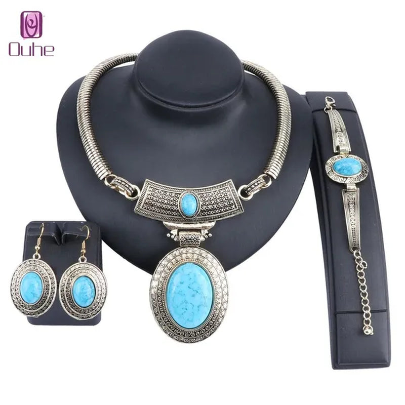Vintage Dubai Retro Gold Big Turquoise Jewelry Sets Nigerian Wedding Costume Necklace Bracelet Earring Party Gift