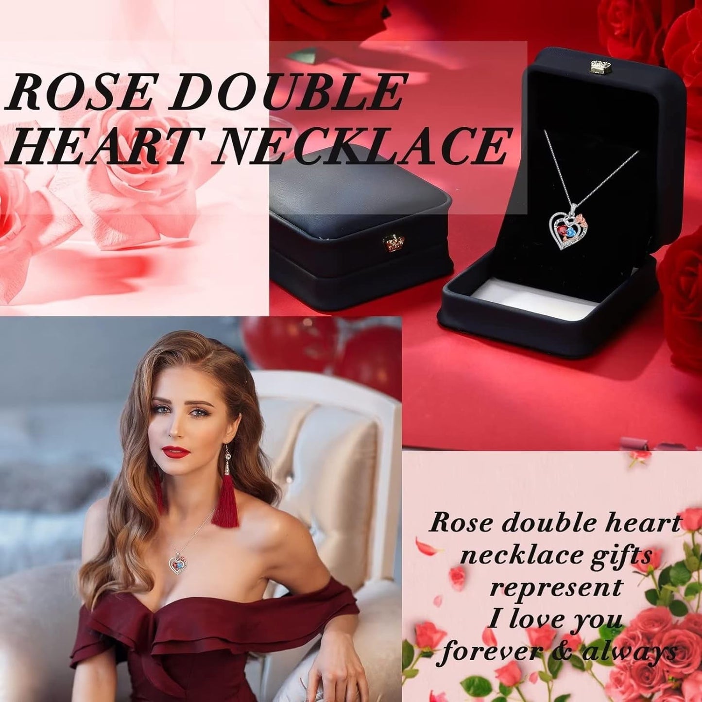 Rose Heart Necklaces Gifts for Her - 925 Sterling Silver Rose Heart Birthstone Necklace Anniversary Birthday Gifts Jewelry Valentines Mothers Day Gifts for Women Wife Girlfriend Mom