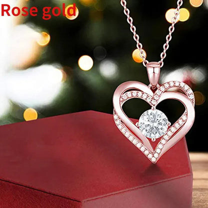 Exquisite Fashion Golded Plated Pave Setting Diamond Double Heart Pendant Necklace for Women Bridal Wedding Romantic Gift
