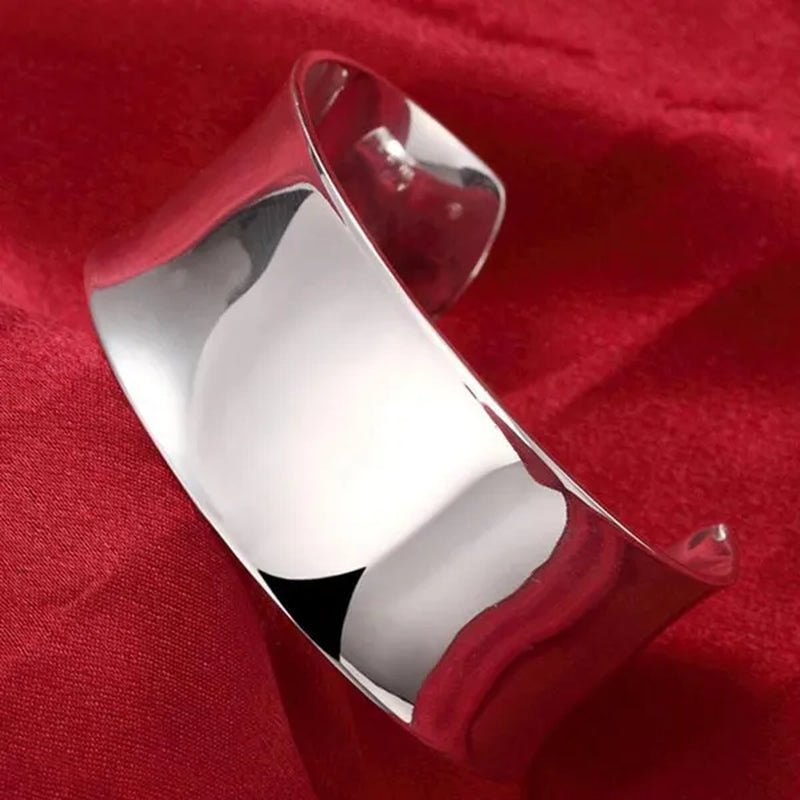 Exquisite 925 Silver Color Smooth Wide Open Bangle Bracelets for Women Man Fashion Party Wedding Jewelry Valentine's Gift