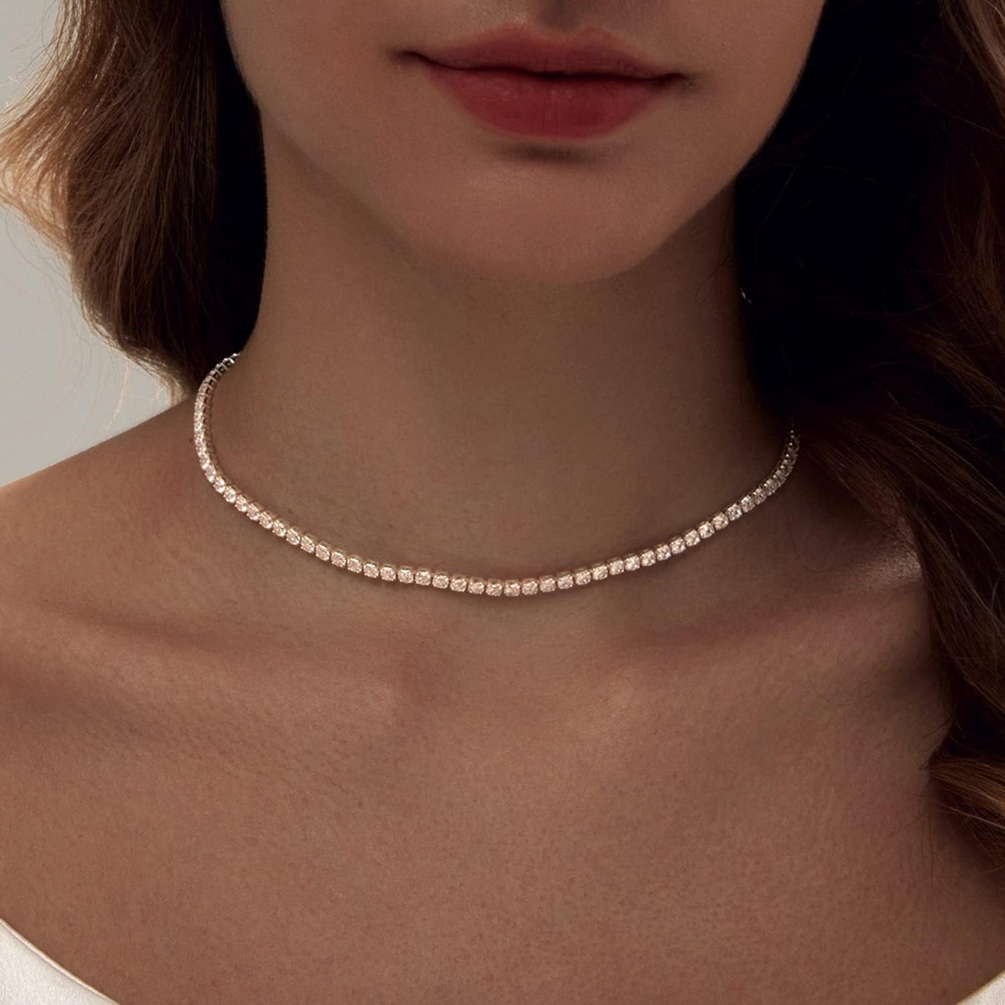 Tennis Necklace for Women, 18K Gold/Silver Plated Rhinestone Choker Necklaces Dainty Zirconia Cut Faux Diamond Chain Wedding Jewelry for Women