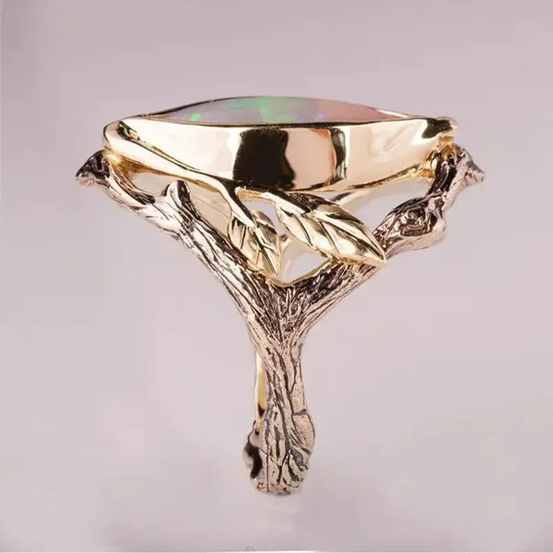 Vintage Style Women's Antique Silver Twig And Leaf Opal Ring Anniversary Gift Engagement Bridal Wedding Jewelry Rings Size 5-10