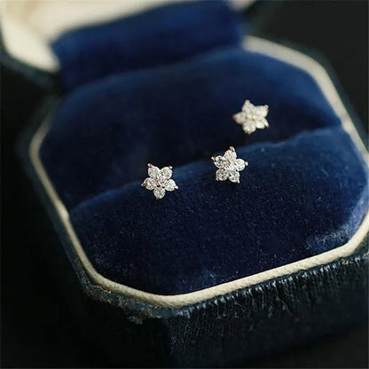 Round Cut Diamond Small Flower Stud Earrings for Women Daily Causal Accessories Girls Birthday Gifts Jewelry
