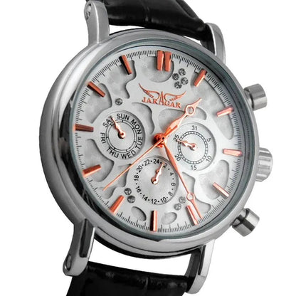 JARAGAR Automatic Mechanical Genuine Leather Strap Wrist Watch Luxury Gift For Men Fashion White Crystal Diamond Jewelry Accessories