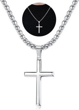 925 Sterling Silver Cross Necklace Men-Removable Silver Cross Pendant with Hypoallergenic 316L Stainless Steel Wheat Chain Crucifix Necklace Jewelry for Mens Women, 16-30 Inches