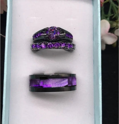 3PCS Amethyst Couple Rings 18K Black Gold Plated Womens Wedding Rings Sets and 8Mm Titanium Steel Men Engagement Promise Band Party Ring