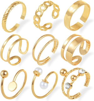 9Pcs Gold Adjustable Rings for Women Stackable Knuckle Ring Set with Pearl Exquisite Simple Fashion Jewelry for Thumb and Knuckles Adjustable Size in Pink Box