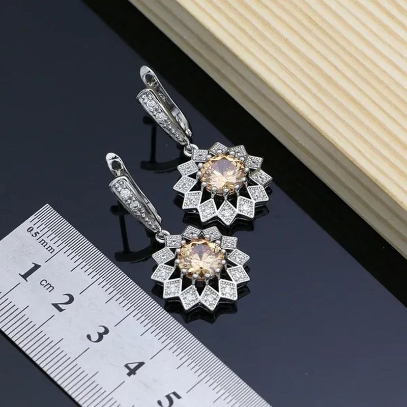 Flower 925 Sterling Silver Jewelry Sets Champagne Topaz Wedding Women Earrings/Pendant/Necklace/Ring/Bracelets