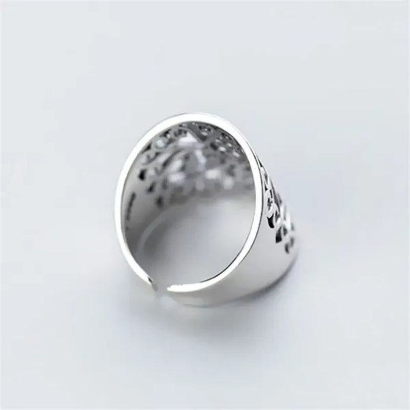 Wide Face Hollow Flower Vintage Open Ring 925 Pure Silver Carving Women's Ring Size Adjustable Opening