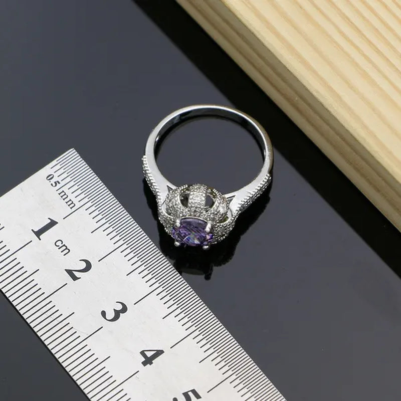Natural Purple Amethyst 925 Silver Jewelry Set Sky White Topaz Gemstone Clip Earrings Pendant Ring Bracelet for Women