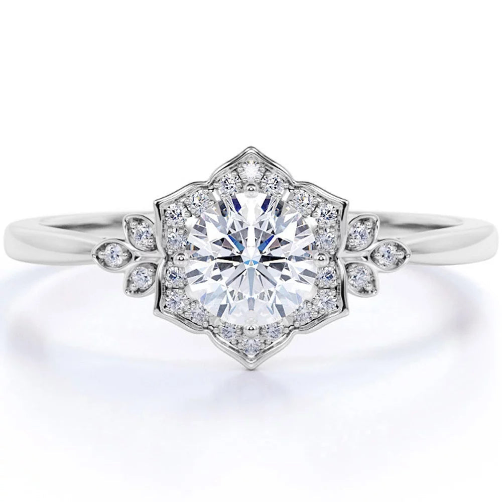 1.75 Carat round Cut Moissanite and Diamond Vintage Art-Deco Engagement Ring in 10K White Gold