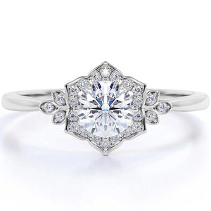 1.75 Carat round Cut Moissanite and Diamond Vintage Art-Deco Engagement Ring in 10K White Gold