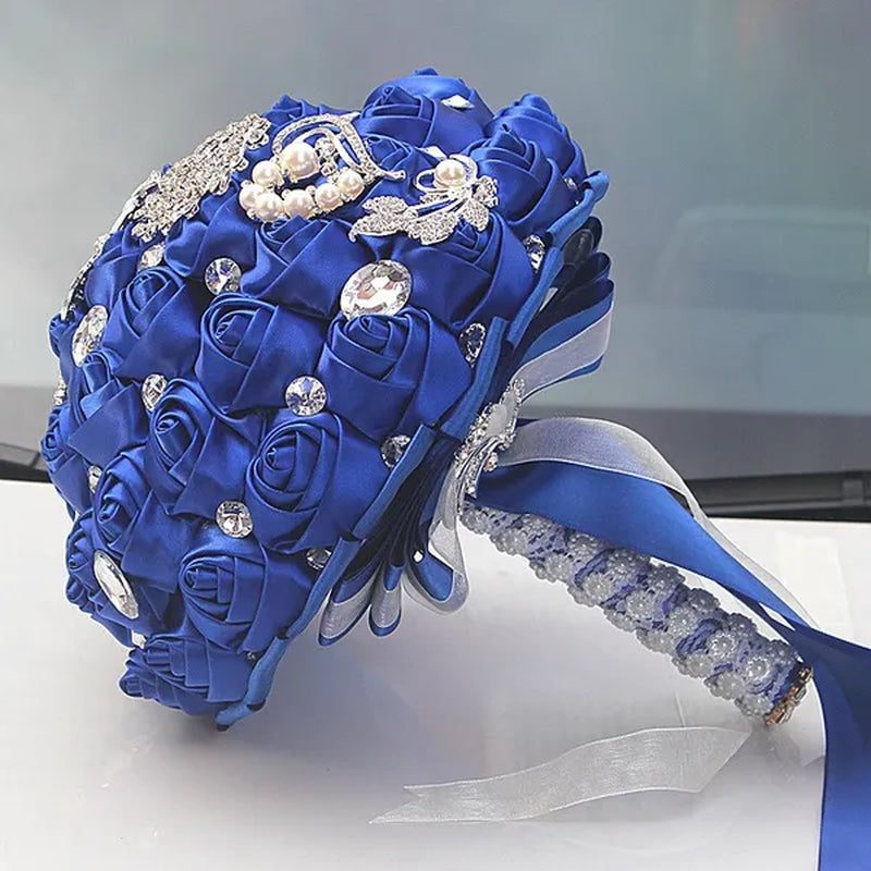 24CM Customized Silk Rose Wedding Bouquet Sapphire Blue Artificial Flowers Wedding Bridal Bouquet Luxury Crystal Pearl Brooch Bridesmaid Bride Holding Flowers