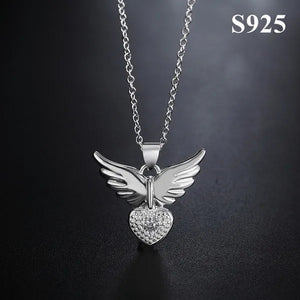 Pretty Women's 925 Sterling Silver Heart Shaped Angel Wings Pendant Diamonds Necklace(with Chain)