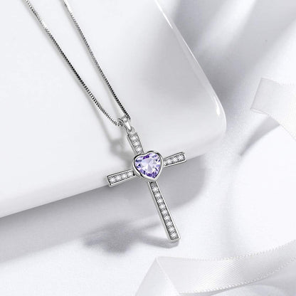 Heart Birthstone Necklace/Ring,925 Sterling Silver Women Cross/Heart 12 Birth Stones Jewelry for Birthday Gift Anniversary Wedding