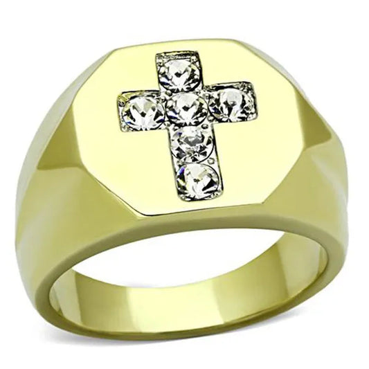 Men'S Stainless Steel 14K Gold Ion Plated Simulated Diamond Cross Ring Size 8-13