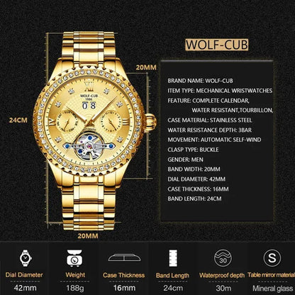 WOLF-CUB New Men Luxury Diamond Watch Full Gold Watch Tourbillon Mechanical Watch Automatic Watch Stainless Steel Waterproof Luminous Relogio Masculinos