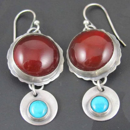 Red Agate and Turquoise Earrings Retro 925 Silver Plated Beautiful RUBY EARRINGS