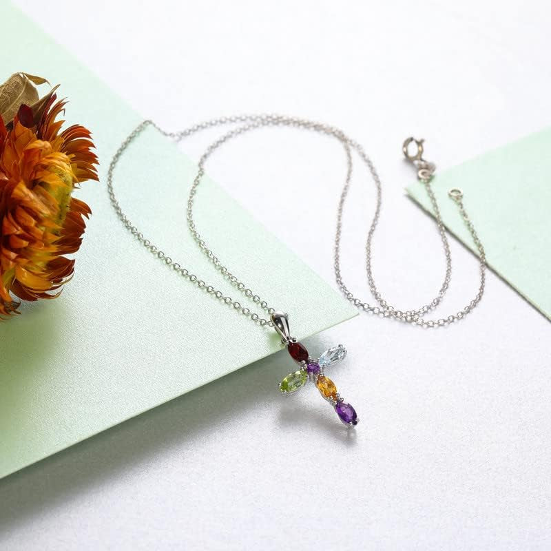 Womens Cross Pendant Necklace 925 Sterling Silver Natural Amethyst Peridot Turquoise Religious Necklace Jewelry