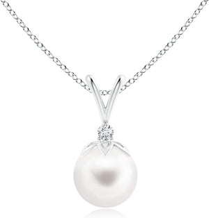 Natural Freshwater Pearl Pendant Necklace with Diamonds in Sterling Silver, 14K Solid Gold for Women, Girls, June Birthstone Jewelry Gift for Her, Birthday, Wedding, Anniversary, Valentines Day