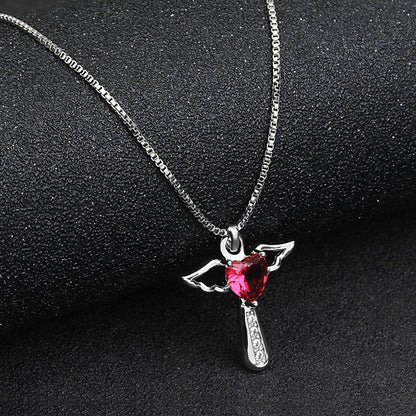 Angel Birthstone Necklaces Heart Cross Necklace for Women Cubic Zirconia Angel Wing Birthstone Heart Charm Pendant Necklace Gifts for Valentine,Birthday