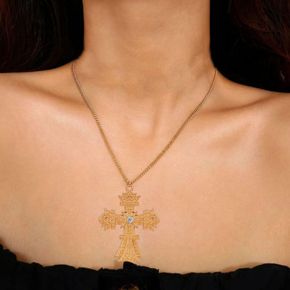 Retro Big Cross Pendant Necklace for Women Men,18K Gold Silver Baroque Crystal Zircon Large Cross Necklace Bar Party Jewelry