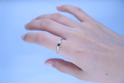 Gin and Grace 10K Yellow Gold Genuine Blue Sapphire Ring with Diamonds|Ethically, Authentically & Organically Sourced (Round-Cut) Shaped Sapphire Hand-Crafted Jewelry for Her | Sapphire Ring for Women Holiday Gifts