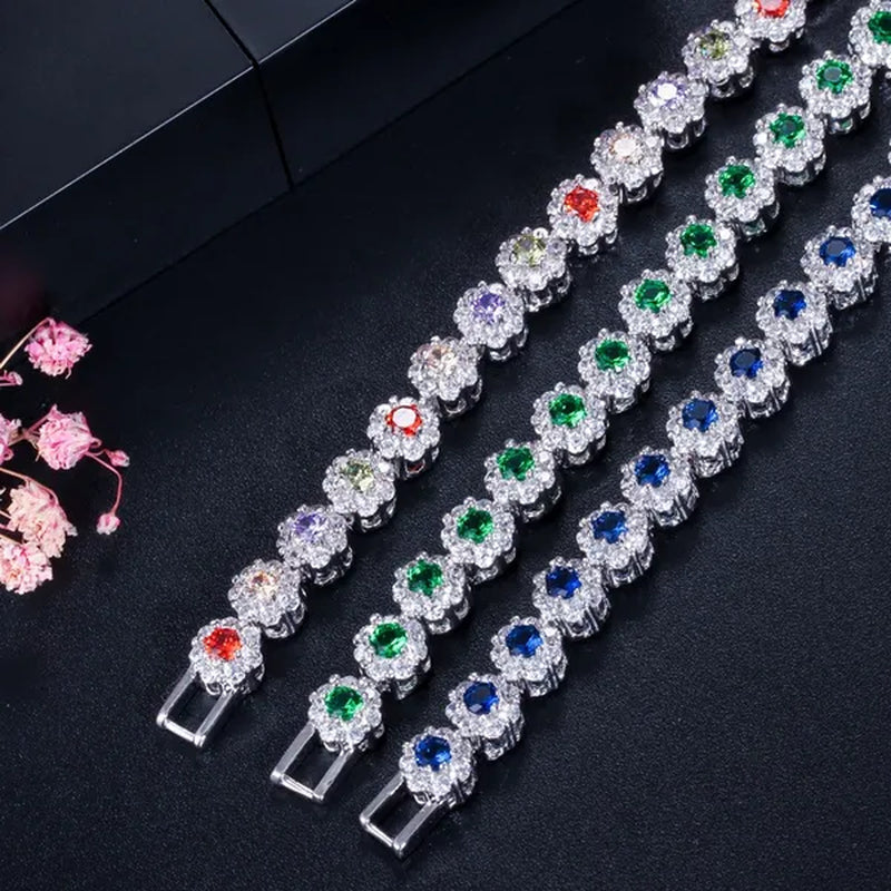 Gloriya Exquisite Silver Plated Fashion Hand Jewelry Pave Twinkling Multi Color Cubic Zirconia Crystal Party Flower Tennis Bracelet for Women (Free Extension)
