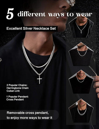 925 Sterling Silver Cross Necklace for Men - Waterproof Layered Sterling Silver Cross Pendant Necklaces Stainless Steel Cuban Link Herringbone Cross Chain Necklace Set Jewelry Gifts 16-30 Inches