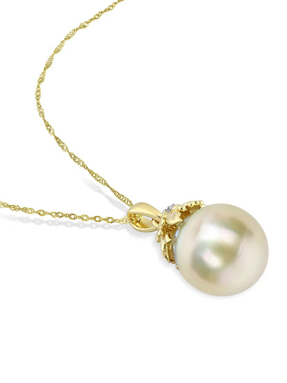 9-10Mm Drop South Sea Cultured Freshwater Pearl and Diamond Accent 14Kt Yellow Gold Leaf Crown Drop Pendant with Chain
