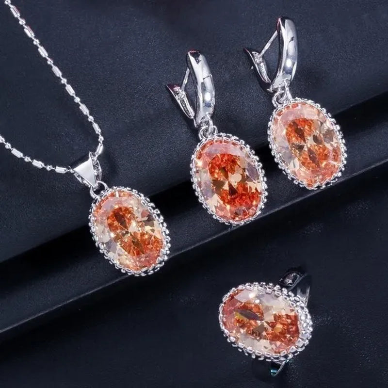 CANDICE Romantic Round Shaped Purple Crystal Sterling Silver Plated Jewelry Set For Party Necklace Earrings Ring Sets（US 6-9)