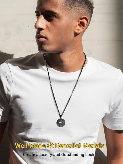 Stainless Steel Saint Benedict Medal Necklace, Protection Jewelry for Men Women, 18K Real Gold Plated, 22Inch-24Inch Adjustable, Come Gift Box