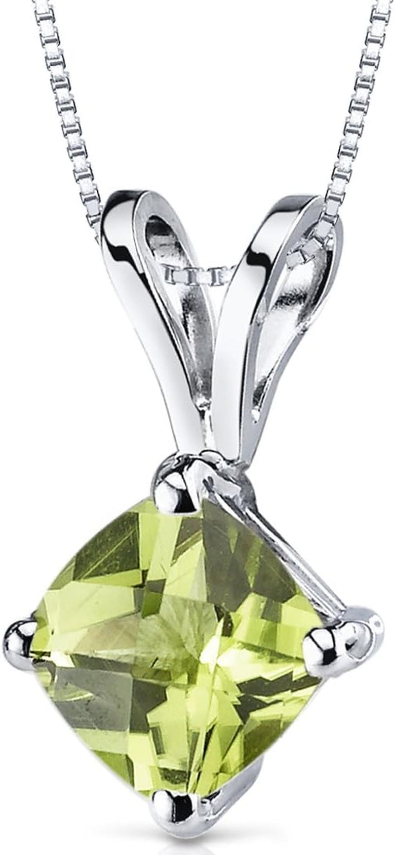 Solid 14K White Gold Peridot Pendant for Women, Genuine Gemstone Birthstone Classic Solitaire, Cushion Cut, 6Mm, 1 Carat Total