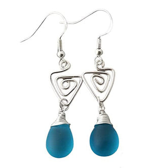 Handmade Sea Glass Earrings, Hawaiian Jewelry, Wire Turquoise Earrings Blue Earrings Teardrop Earrings, Sea Glass Jewelry for Women Birthday Gift for Her (December Birthstone Jewerly)