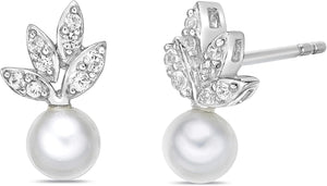 .925 Sterling Silver, 5.5Mm White Freshwater Cultured Button Pearl & Lab Grown White Sapphire Fruit Drop Studs Leafy Pushback Stud Earrings