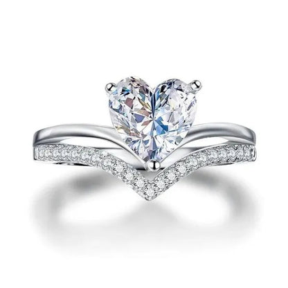 V-Shape Solitaire Ring Heart Shape Diamonds Sweet Finger Ring Two Layer Women'S Engagement Banquet Ring Exquisite Jewelry