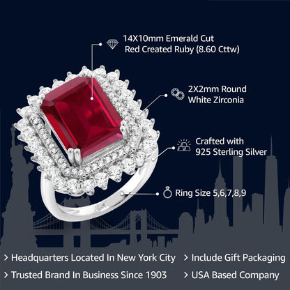 8.60 Cttw Red Created Ruby Ring for Women in 925 Sterling Silver | Emerald Cut 14X10MM | Available in Size 5,6,7,8,9