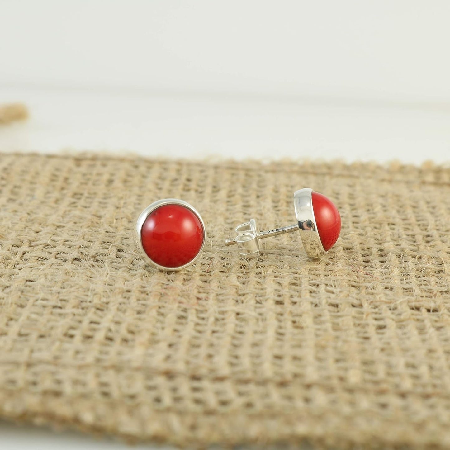 Sterling Silver 925 round 9.8Mm Natural Red Coral Tiny Handmade Stud Earrings for Women