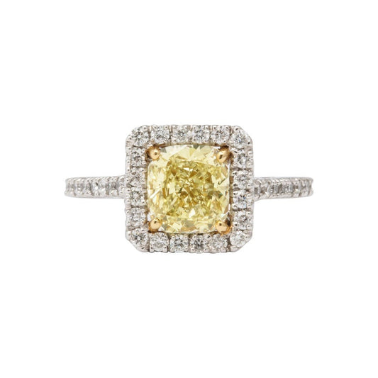 GIA Certified 1.71 Carat Yellow Diamond Cushion Cut Platinum Ring