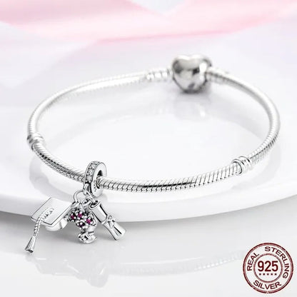 Graduation Flower Diploma Charm 925 Silver Pendant Beads Fit Bracelet Necklace Original DIY Women Jewelry Gift