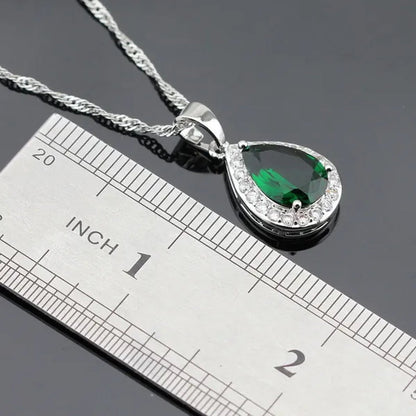 Water Drop Green Zircon White Topaz AAA Zircon 925 Silver Jewelry Sets Necklace Pendant Long Drop Earrings Ring For Women