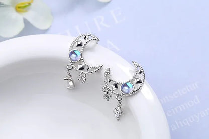 925 Sterling Silver Hollow Moon Zircon Tassel Dangle Earring Elegant Colorful Moonstone Earring for Women Jewelry