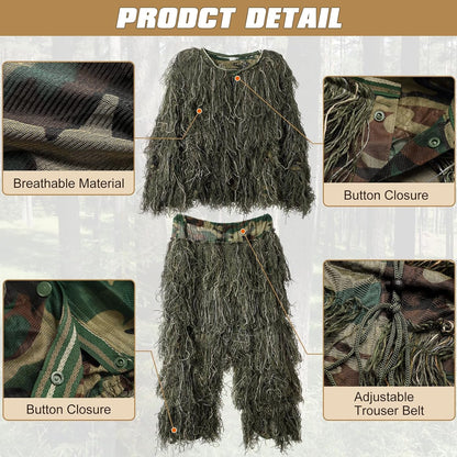 5 in 1 Ghillie Suit, 3D Camouflage Hunting Apparel W/Jacket, Pants, Hood, Carry Bag for Adults/Youth, S/M/L/XL/XXL