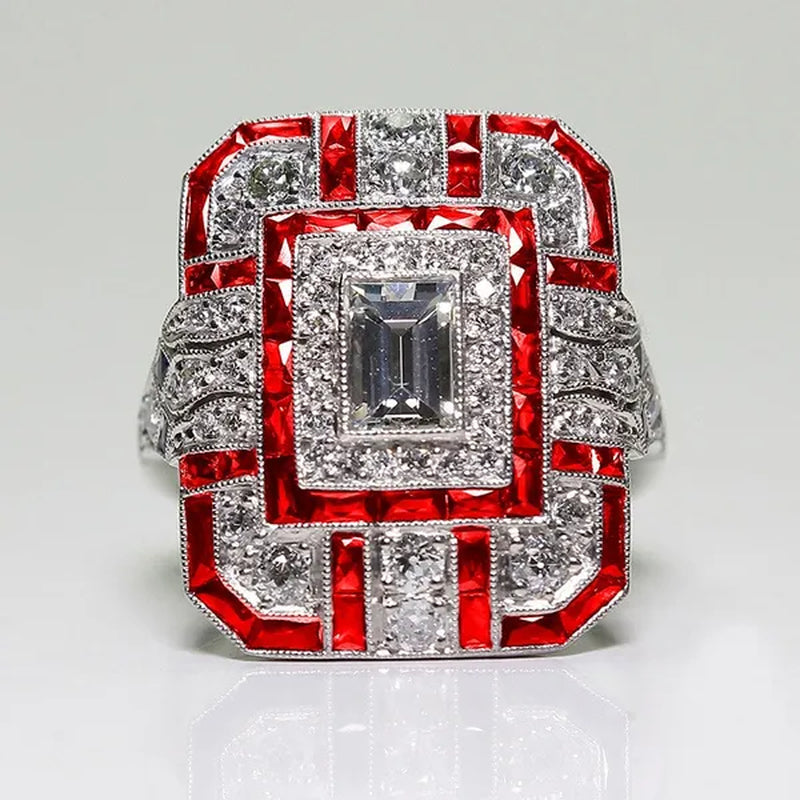 Antique Art Deco 925 Sterling Silver Red Ruby & Diamond Ring