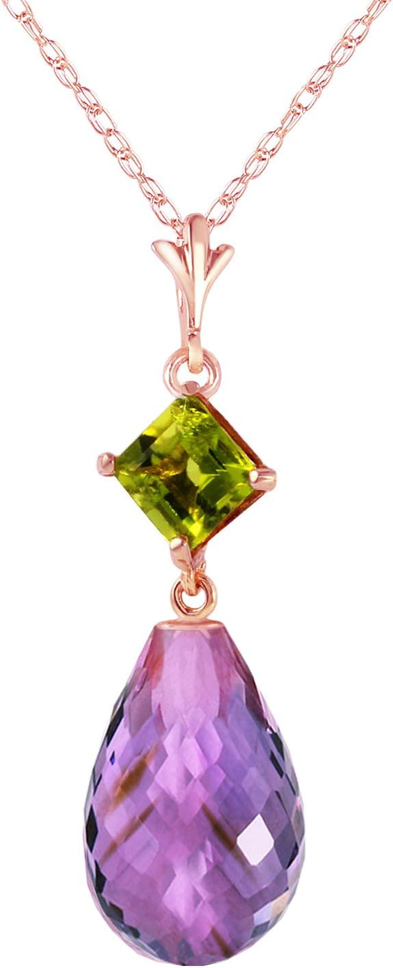 5.5 Carat 14K Solid Rose Gold Necklace with Natural Peridot and Natural Amethyst Pendant