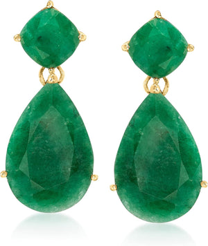 19.20 Ct. T.W. Emerald Drop Earrings in 18Kt Gold over Sterling