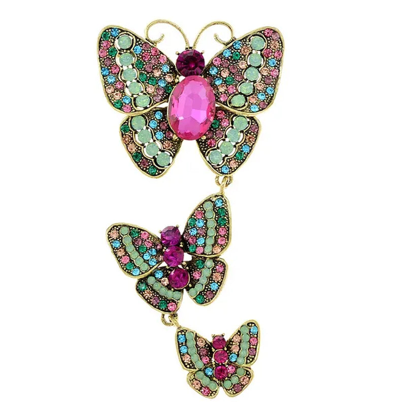 Fashion Exquisite Large Crystal and Rhinestone Butterfly Brooches for Women Vintage 3 Butterflies Insects Pendant Tassel Brooch Pins