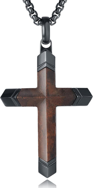 Wooden Cross Necklace for Men, Real Ebony Inset in Black Stainless Steel Christian Wood Crucifix Pendant, Includes Necklace 24" Box Chain