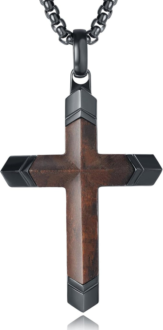 Wooden Cross Necklace for Men, Real Ebony Inset in Black Stainless Steel Christian Wood Crucifix Pendant, Includes Necklace 24" Box Chain