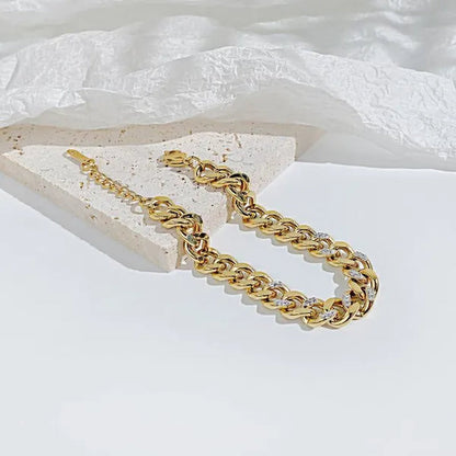8.5Mm Wide Adjustable Curb Link Chain Bracelet Inlay Delicate Cubic Zirconia CZ Stone for Women Girls Titanium Steel Chunky Cuban Curb Chain Bracelets Bangle Lady Jewelry Silver / Gold